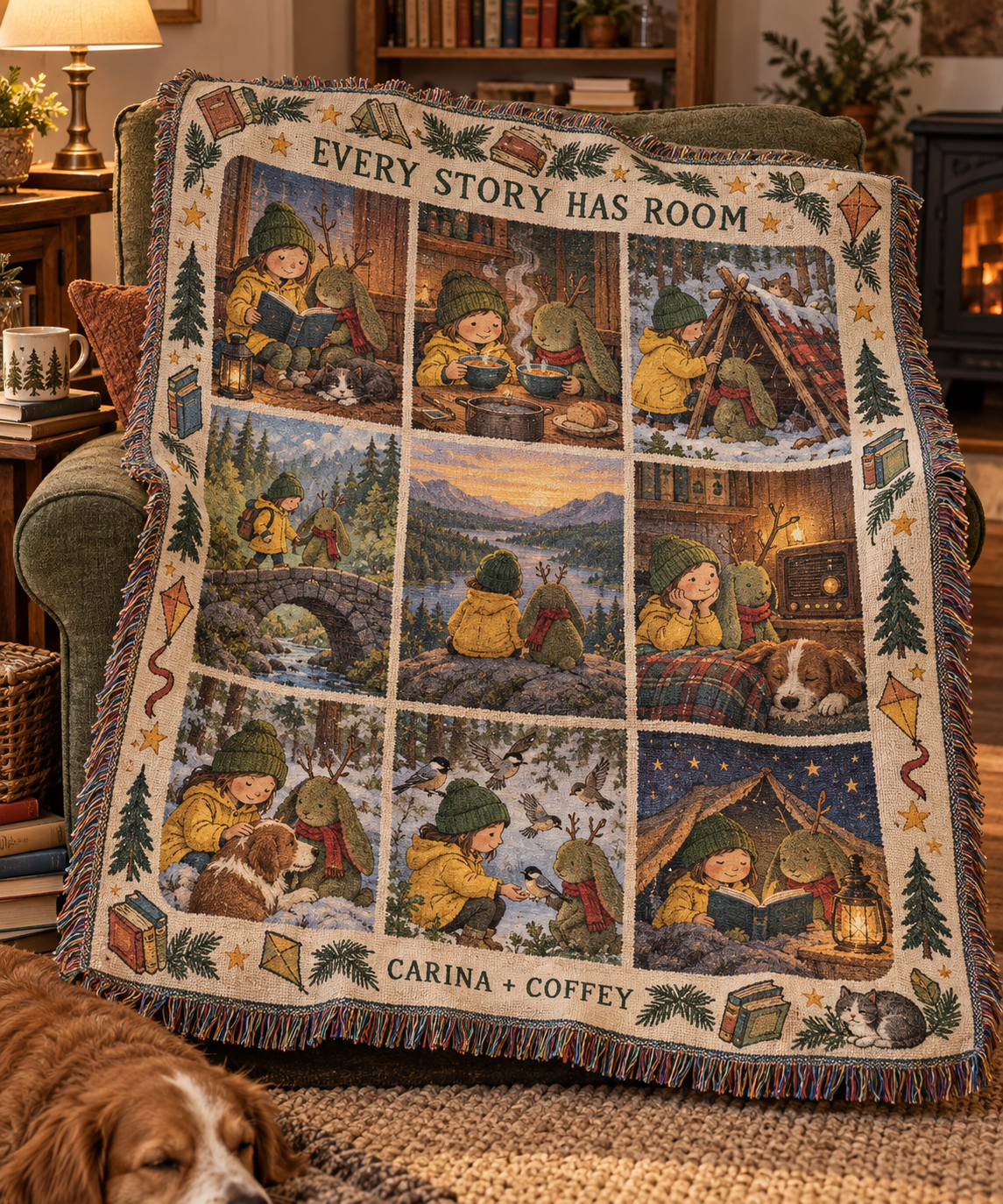 Carina and Coffey story blanket