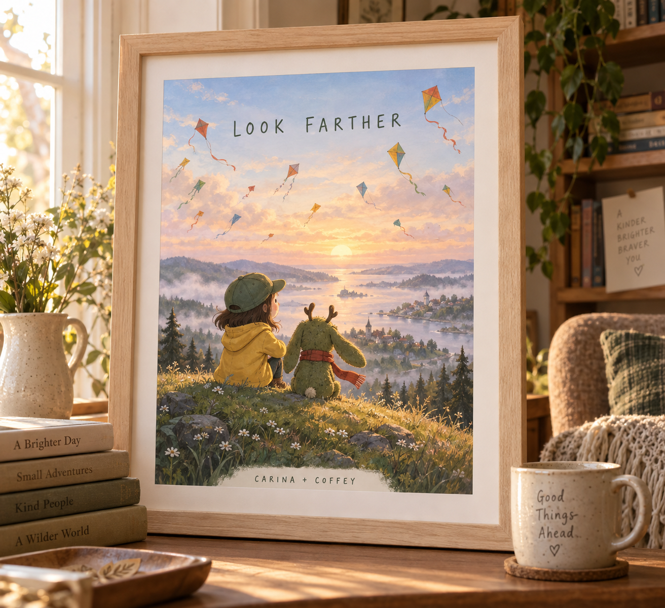 Carina and Coffey framed Look Farther art print